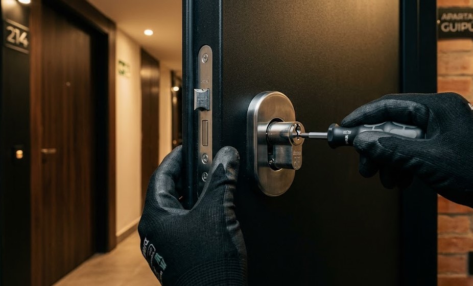 Especialista Cerrajero Berriozar instalando cerradura anti-bumping de alta tecnología en un piso residencial